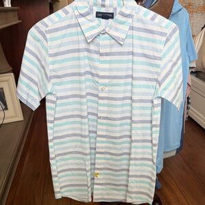 Lands' End Men's Light Blue and White Striped Shirt